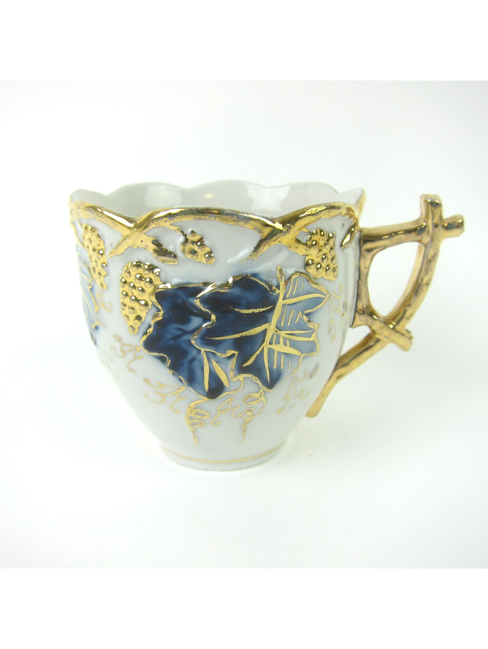 Antique Porcelain Tea Cup Raised Grapes Blue Vine Leaf Gold Gilt Scalloped Rim